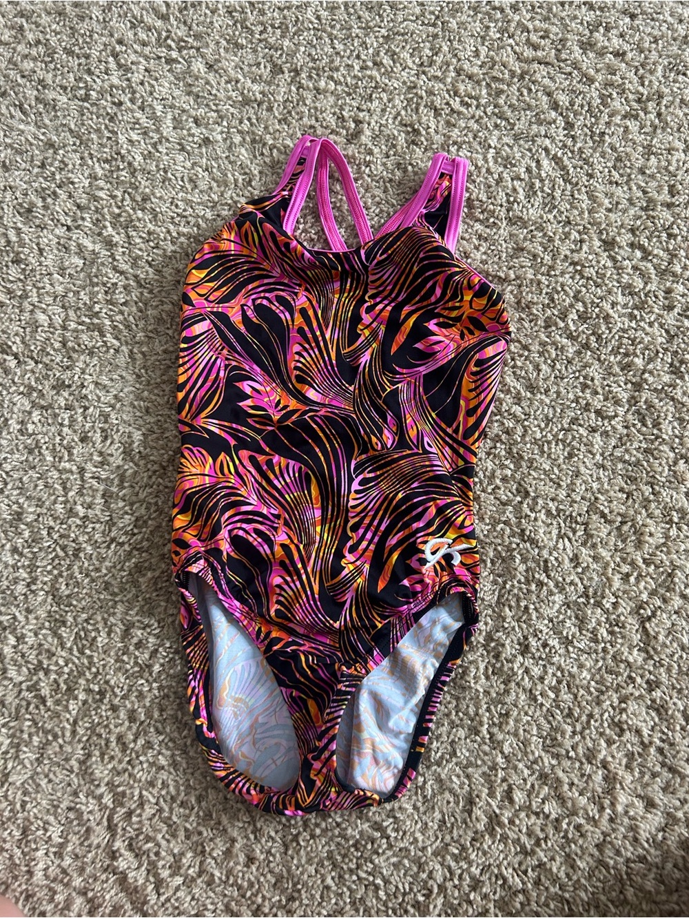 GK Black Swirl Print Leotard with Pink and Orange Accents